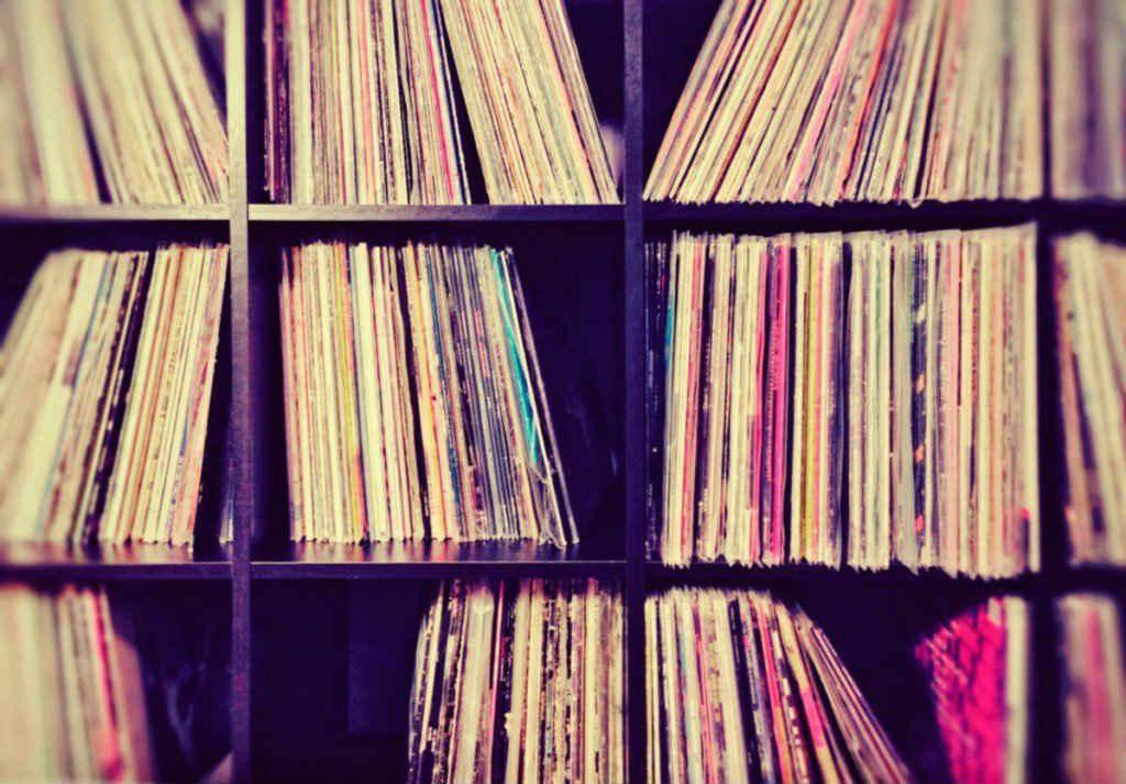 vinyl records on a shelf